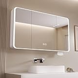 Smart Beleuchteter Medizinschrank mit Defogger & Spiegel, weißer Beauty Aufbewahrungsschrank, LED-Spiegelschrank für Badezimmer, modernes Design, platzsparend, Größe:100