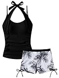 Happy Cherry Mädchen Badeanzug 2-teilig Tankini mit Trägern Bedruckte Badeshorts mit Kordelzug Kinder Bademode Teenager Badekleid Sommer Strand Schwarz 15-16 Jahre