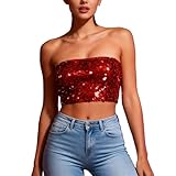 Glitzer Crop Top Damen Pailletten Tube Tops Ärmellos Bandeau Top Sexy Trägerlos Bluse Schulterfreies Oberteil Kurz Bluse Rave Kostüm Faschingskostüme für Bauchtanz, Boho, Festival, Club, Kostüm