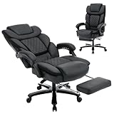 KCREAM Bürostuhl 200kg Belastbarkeit, Chefsessel mit Fußstütze, PU Leder Großer Bürostuhl Drehstuhl mit Rollen, Ergonomischer Chefsessel mit Verstellbarer Lendenwirbelstütze, Schwarz