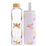 Autsel 1 liter Glasflasche Trinkflasche Glas Sport Borosilikat Glass Bottle Wasser Flasche mit Neopren-Hülle mit extra dichte Bambusdeckel