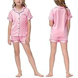 ACWOO Kinder Mädchen Schlafanzüge Kurzarm Satin, Satin-Pyjama-Set für Mädchen Schlafanzüge Button-Down Kurze Ärmel + Shorts, Zweiteilig Nachtwäsche 12-13 Jahre