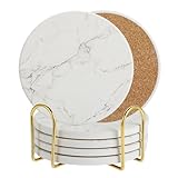 Untersetzer Keramik Rund 6er Set - Schnell Saugfähig Untersetzer Gläser - Korkboden Glasuntersetzer - Tassenuntersetzer - Coasters - Mit Ständer (Weiße Marmoroptik 6er)
