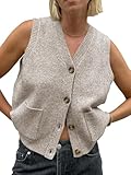 Saodimallsu Damen Ärmellos Pullover Weste Lockere Passform Strickwesten Knopf V Hals Stricken Trendy Casual Strickjacke mit Taschen Helles Khaki X-Groß