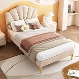 buiesjole Samt, Polsterbett, 90 * 200 cm, muschelartiges Bett mit goldenen Eisenbeinen, höhenverstellbares Kopfteil, Holzlattenrost, Beige