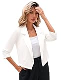 KOJOOIN Blazer Damen Leicht Cropped Business Blazerjacke Casual Offene Blazer 3/4 Ärmel kurz Arbeit Büro Jacke Weiß M