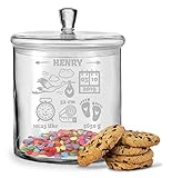 GRAVURZEILE Leonardo Keksglas mit Gravur - Baby Design - Geschenk als Babyandenken für Mama & Papa - Vorratsdose personalisiert mit Name Größe Gewicht Tag & Uhrzeit des neugeborenen Kindes