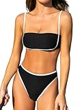 CUPSHE Damen Bikini Set Bandeau High Waist Kontrastpaspeln High Cut Texturierter Zweiteiliger Badeanzug Bademode für Sommer und Strand Schwarz/Weiß L