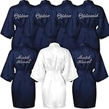 Malloom 7 Stück Brautjungfern Satin Roben Damen Kimono Roben mit Strass Braut Brautjungfer Robe Morgenmantel für Hochzeit Party Brautdusche Marineblau & Weiß, Marineblau & Weiß, Einheitsgröße