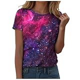 Galaxy Shirt Damen Galaxy Kostüm Damen Tshirt Damen Galaxy Damen T-Shirt Galaxie Universum Stern Weltraum Grafik 3D Bedrucken Glitzer Oberteile Für Karnevalskostüme (Dark Purple-b, L)