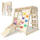 SOFTHOMaxi Indoor Klettergerüst ab 1 Jahr, 10-in-1 Montessori Klettergerust,Multifunktionaler Indoor-Spielplatz mit Schaukel,Rutsche,und Kletternetz, Kinder klettergerüst aus Holz