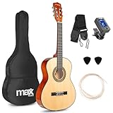 MAX SoloArt - Gitarre 3/4 Kindergitarre ab 6 jahre, Junior Akustik Gitarre inkl. Tasche, Plektrum, Gurt und Saiten-Zubehör, 3/4 Gitarre Kinder ab 6 Jahren, Guitar in Natur Holz