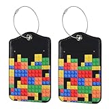 Ksriylm 2 Stück PU Leder Kofferanhänger,Wasserdichte Gepäckanhänger für Koffer mit Adressschild und Edelstahl Drahtseil,Schnellen Auffinden Kofferanhänger für Kreuzfahrte Flugreise,Bunte Bauklötze