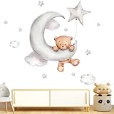 ZWWOGE Wandtattoo Bär auf Mond Wandaufkleber Tiere Heißluftballon Wolken und Sterne Wandsticker Kinderzimmer Babyzimmer Schlafzimmer Wanddeko