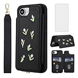 Asuwish Handyhülle with iPhone 16e/SE 2025/SE 4 Hülle mit Band Folie Schutzfolie Ständer Kartenfach Klappbar Geldbörse i Phone16e i16e 16 e SE4 4th Generation 16eCase Schutzhülle Phone Case Schwarz