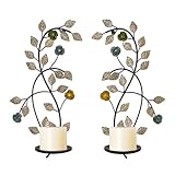 JUCONSIN Wandleuchter, Kerzenhalter, 2er-Set, Antik, Weiße Blätter, Blumen und Zweige, Wandhalterung, Metall, Kerzenhalter für Wohnzimmer, Esszimmer