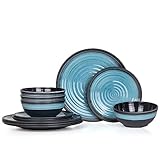 Camping Tafelgeschirr aus Melamin für 4 Personen 12-teilig | spülmaschinenfest | Picknick Geschirrset | Geschirr Campinggeschirr I Stone Blue Design