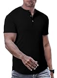 Elegancity Henley T Shirt Herren Kurzarm Basic Tshirts für Herren Sommer Knopfleiste Slim Fit Muscle Shirts,Schwarz L