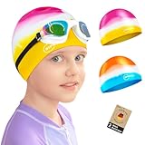 Siproch 2 Stück Badekappe für Kinder, Jungen und Mädchen Bademütze im Alter von 5-12 Jahren, Bequeme Passform Badehaube für langes und kurzes Haar