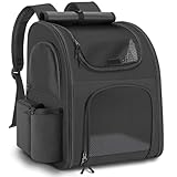 Hunderucksack bis 10kg, Haustier Rucksack mit Netzfenster, Faltbare Katzenrucksack Hunde Rucksack, Atmungsaktive und Leichte Dog Cat Backpack mit Innerer Sicherheitsleine und Haustiermatte - Schwarz