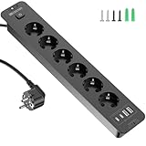 HITRENDS Versenkbare Steckdose mit USB, 6 Fach Einbausteckdose mit 2 USB, Tischplatte Versenkte Steckdose mit 2 USB C, Einbau Steckdosenleiste mit 2M Kabel für Arbeitsplatte Möbel, Schwarz