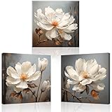 Piy Painting Leinwand Malerei, Weiße Blume Leinwanddruck, Romantische dekorative Gemälde, Große Leinwand Wandbilder Für Schlafzimmer Wohnzimmer Büro Flur Cafe Yoga Studio, 3 Paneele 58x58 cm