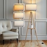 EOEYYOYB Stehlampe Holz mit Regal, Fernbedienung, 3 Farbtemperatur, Tripod stehlampe wohnzimmer mit Beige Lampenschirm für deko wohnzimmer Schlafzimmer Büro