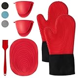 WUFANC Ofenhandschuhe Hitzebestaendig, Topflappen Handschuh Beständig Gegen Temperaturen Bis 250 °C, Backhandschuhe Ofenhandschuhe, Anti-Rutsch Topfhandschuhe Zum Kochen 6 Piece (Rot, L)