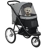 PawHut Hundewagen Jogger Hundebuggy klappbar für kleine Hunde & Katzen bis 10 kg Katzenbuggy mit 3 große Gummiräder, Kissen Netzfenstern Aufbewahrungskorb Katzenwagen mit Sicherheitsleinen, Grau