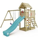 WICKEY Spielturm Klettergerüst MultiFlyer mit Holzdach, Schaukel & türkiser Rutsche, Outdoor Kinder Kletterturm mit Sandkasten, Leiter & Spiel-Zubehör für den Garten