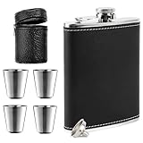 Flachmann, 8Oz Edelstahl Flachmann, Flachmann Edelstahl mit Trichter und 4 kleine Tassen, Geeignet zum Tragen von Alkohol, Taschen-Flachmann für Wandern und Party(Schwarz)