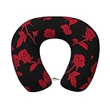 HTTUP Reise-Nackenkissen mit Totenkopf-Rosen-Druck, Memory-Schaum, Kopf-Nackenstütze für Flugzeuge, Autos, Zuhause, Büro