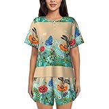 Xiso Ver Damen-Pyjama-Set mit bunten Pflanzen und Insekten, kurzärmelig, weiche Shorts, Nachtwäsche, Schwarz, 3XL
