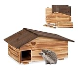 Relaxdays Igelhaus, Holz, Igelhotel mit Boden, 2 Kammern, Winterquartier für Igel, Garten, HBT: 24x46x33,5 cm, braun