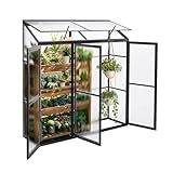 Gegaden Anlehngewächshaus Tomaten Gewächshaus 180x55x190cm Aluminium Beistell-Gewächshaus, Treibhaus Gartenhaus Frühbeet mit Rückwand, Gewächshaus Winterfest Klein, Minigewächshaus, Schwarz