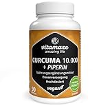 Kurkuma 10.000 mg hochdosiert in nur 1 Kapsel mit Piperin + Curcumin, 90 Kapseln bioaktivem Curcuma Extrakt für 3 Monate, Nahrungsergänzungsmittel ohne Zusatzstoffe