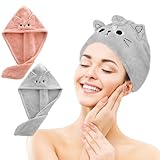 2 StüCk Mikrofaser Haartuchwickel, Hair Plopping Towel Curly, Schnelltrocknend Haarturban, Wrap Super Saugfähige, Dunkelrosa, Grau, Katze Korallenfleece Absorbierender Haartuch für Frauen Mädchen