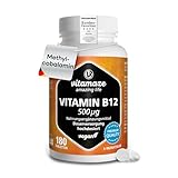 Vitamin B12 hochdosiert und vegan, Methylcobalamin, 500 mcg 180 Tabletten für 6 Monate Dauerversorgung, Natürliche Nahrungsergänzung ohne Zusatzstoffe, Made in Germany