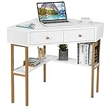 LIFEZEAL Eckschreibtisch mit 2 Schubladen und Regalen, Ecktisch mit dreieckiger Tischplatte, 70x70x75 cm, Schreibtisch aus Holz und Metallrahmen, Bürotisch Computertisch Winkelschreibtisch (Weiß)
