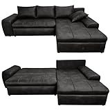 Vintage Ecksofa mit Schlaffunktion und Bettkasten B266/T186/H90 cm, Wellenunterfederung, Ottomane rechts, gemütliche Lounge Couch mit Mikrofaser-Stoff in Leder-Optik Schwarz / 18013