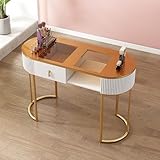 Professioneller Nageltechniker-Schreibtisch mit Stauraum, moderner Maniküretisch für Salon und Spa, Holz-Beauty-Arbeitsplatz mit Schubladen und 3-stöckigem Schrank (goldene Glasplatte, 100 cm)