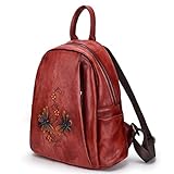 Damenrucksack aus echtem Leder, Vintage-Stil, Kaffee-Rot, Schwarz, Blumenmuster, Reisetasche (Farbe: A, Größe: Einheitsgröße)