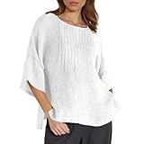 Generisch Lose Top Lässige Leinen Tunika Casual T-Shirt Bluse Wickelshirt Sexy 2025 Unterhemd Sommer Damen 3/4 Ärmel Rundhalsausschnitt Blumendruck (White, XXL)