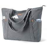 Lekespring Cord Tasche Damen, Groß Tote Bag Strandtasche mit Reißverschluss, Shopper Tasche Damen Laptoptasche mit 17 Zoll Laptopfach, Elegant Handtasche Umhängetasche für Arbeit Schule Gym-Grau