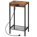 HOOBRO Beistelltisch mit Ladestation, Telefontisch Hoch mit Netzablage, Schmaler Nachttisch mit Steckdose für Wohnzimmer, Schlafzimmer, Vintagebraun und Schwarz EBF08CDH01