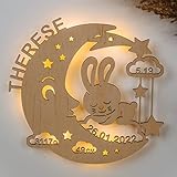 LAUBLUST Schlummerlicht Mond-Hase - Personalisiertes Baby-Geschenk zur Geburt & Taufe | LED Beleuchtung - 2 Größen | 3 Farben: Natur, Weiß, Grau - Geschenke zu Weihnachten
