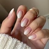 KQueenest Press on Nails Kurz French – Ombré Rosa Weiß Nägel zum Aufkleben Kurz Runde, French Fake Nails Gradient Rosa, Mandel Künstliche Nägel Set für Frauen, 24 Stück