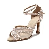OWEIEYEU Lateinamerikanische Tanzschuhe für Damen, Salsa, Rumba, Samba, Tango, Party, High Heels, weiche Sohle, Hochzeitssandalen, Hautfarben, 7, 5 cm Absatz, 36 EU