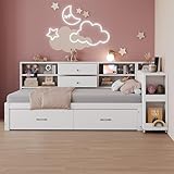 Holzschlafsofa 90 x 200 cm, multifunktionaler Stauraum, verdeckte Staufächer und Regale, 2 große Schubladen, Multifunktionssteckdose, ausziehbarer Schreibtisch, Einzelbett, Jugendbett, Holzbett, weiß