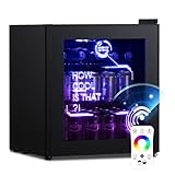 HCK 48L Mini Kühlschrank mit Glastür leise 39dB, Cyberpunk Getränkekühlschrank mit LED Beleuchtung, Flaschenkühlschrank, Mini Fridge 0-15°C für Gaming Deko, Minibar, Party, Schwarz